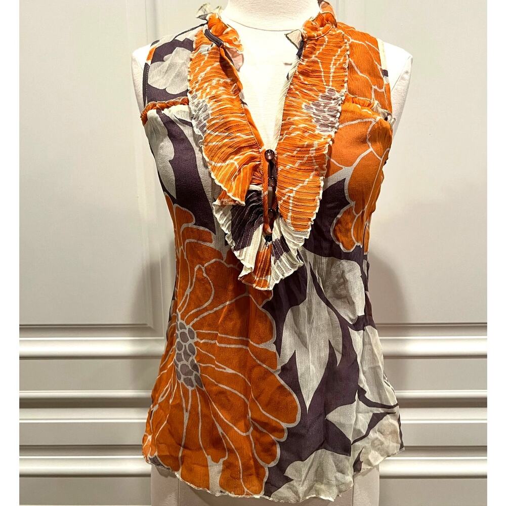 Tabitha sleeveless silk floral print top ruffled v-neck buttons